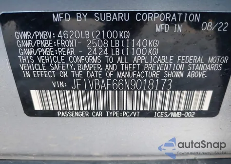 2022 Subaru Wrx Premium z USA, uszkodzony, nr VIN JF1VBAF66N9018173